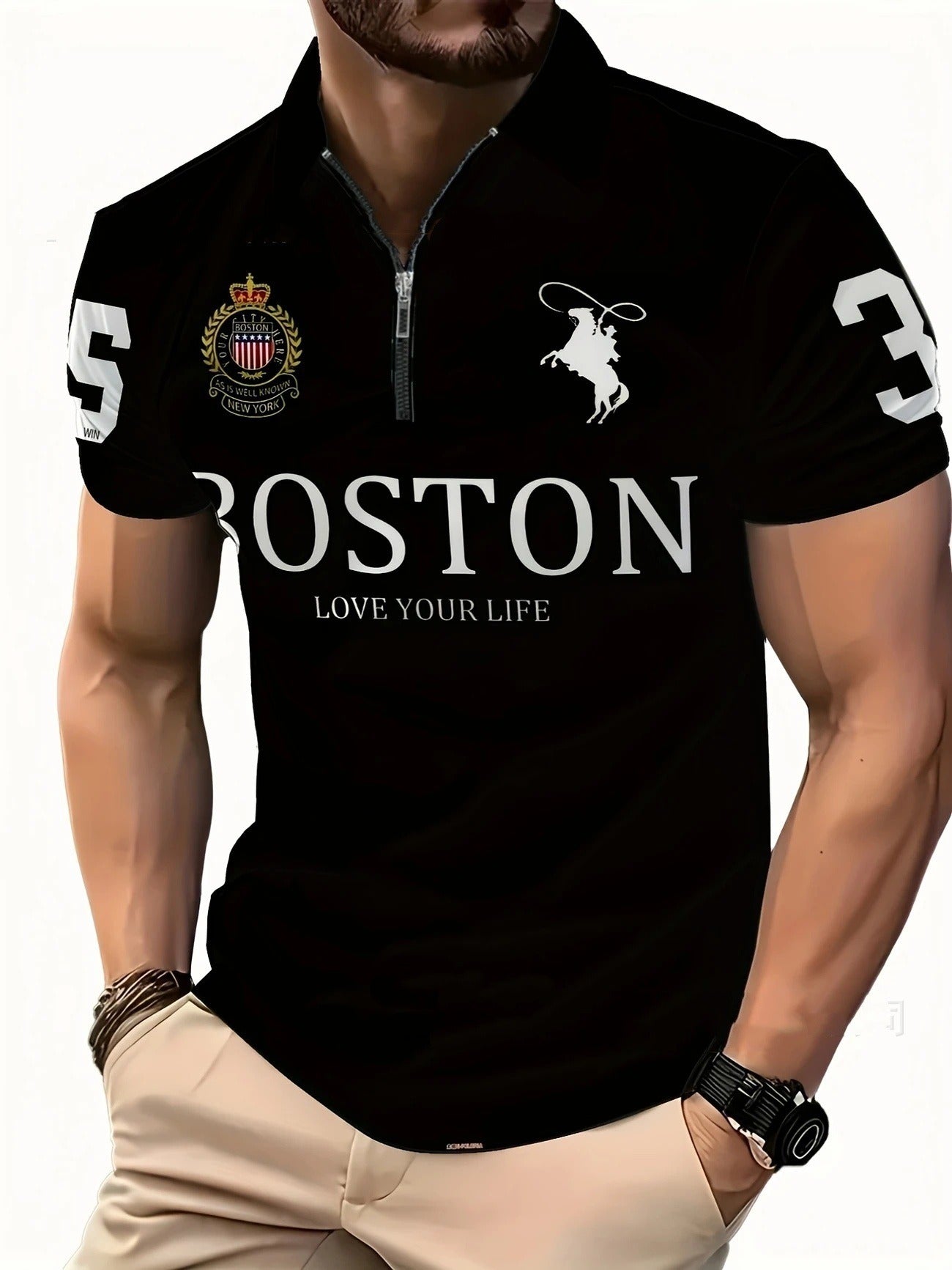 Men's 3D Digital Print Zip-Up Polo Shirt - Nara's Shop