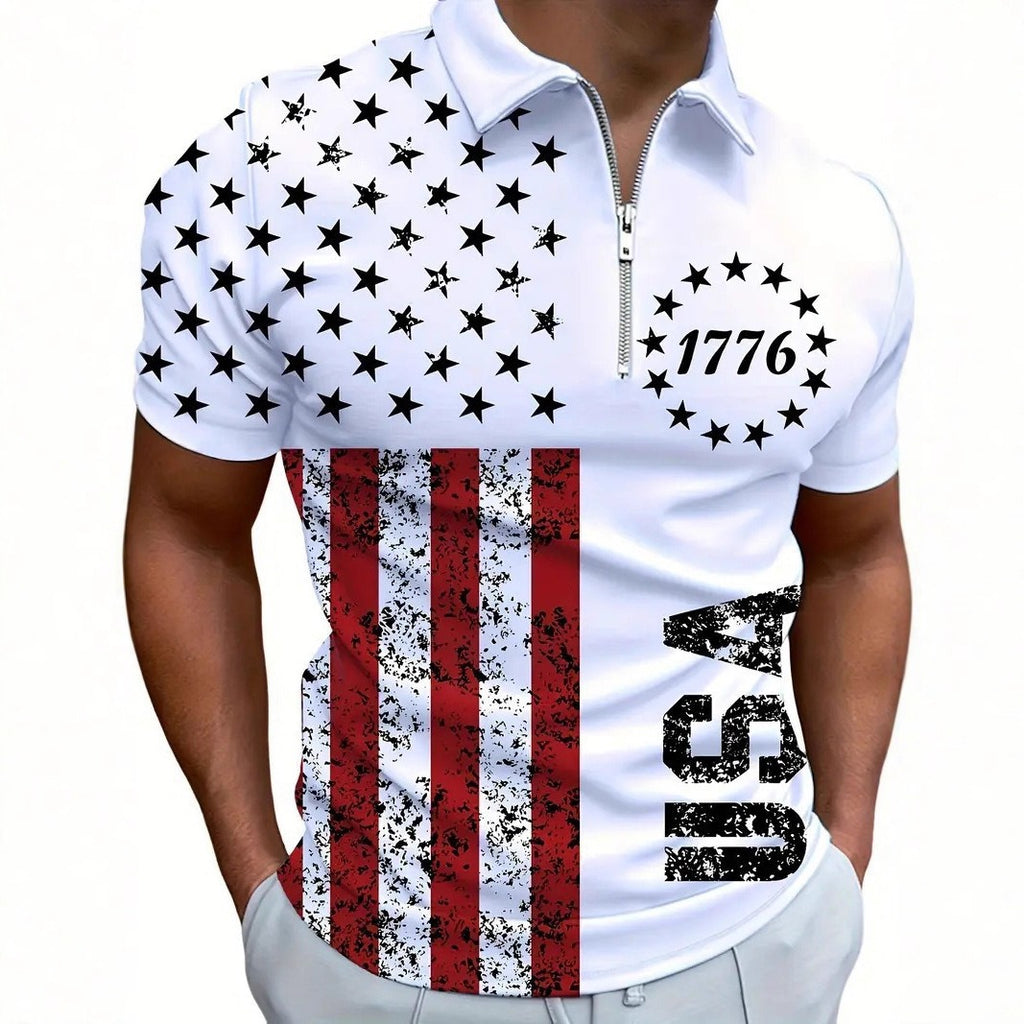 Men's 3D Digital Print Zip-Up Polo Shirt - Nara's Shop