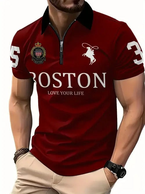 Men's 3D Digital Print Zip-Up Polo Shirt - Nara's Shop