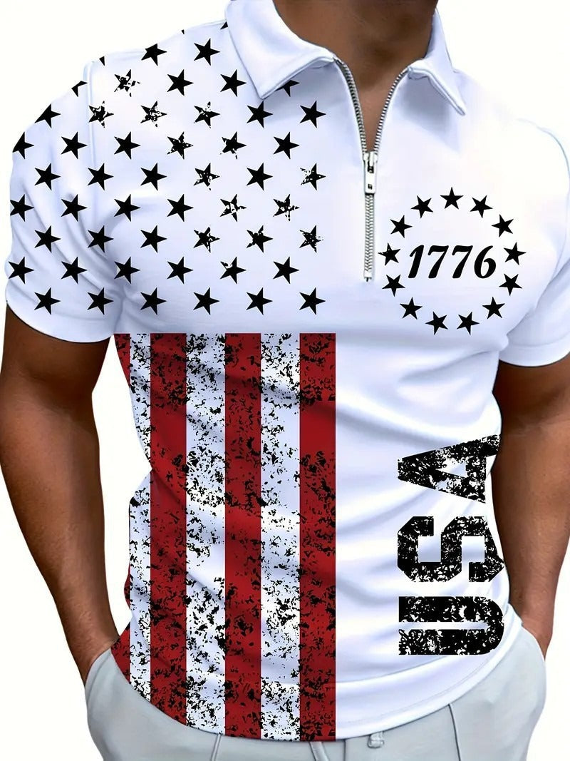 Men's 3D Digital Print Zip-Up Polo Shirt - Nara's Shop