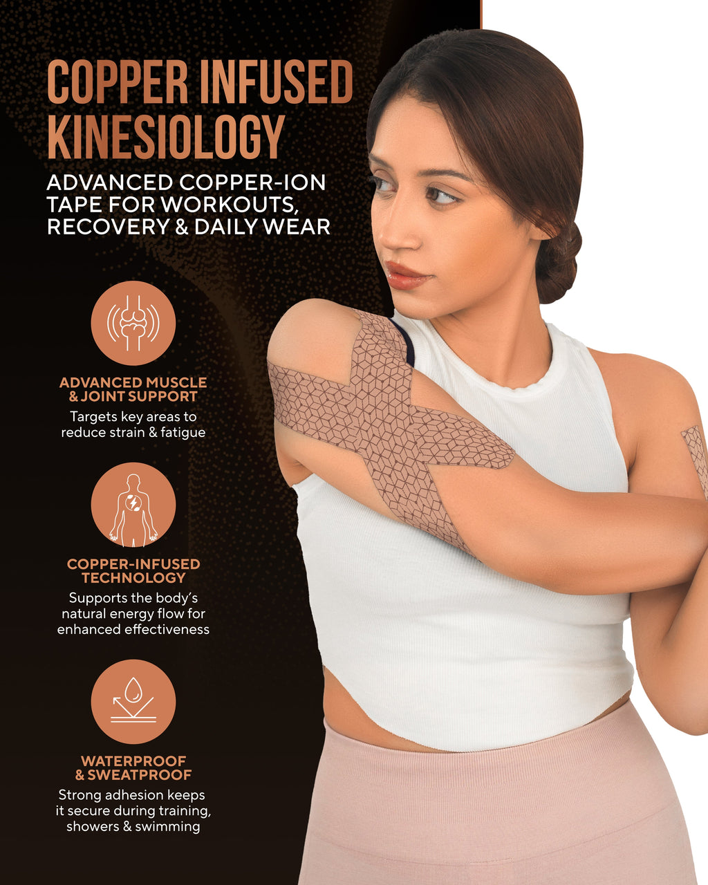 Copper Infused Kinesiology Tape (Tan) – 2 Rolls (40 Precut Strips) - Nara's Shop