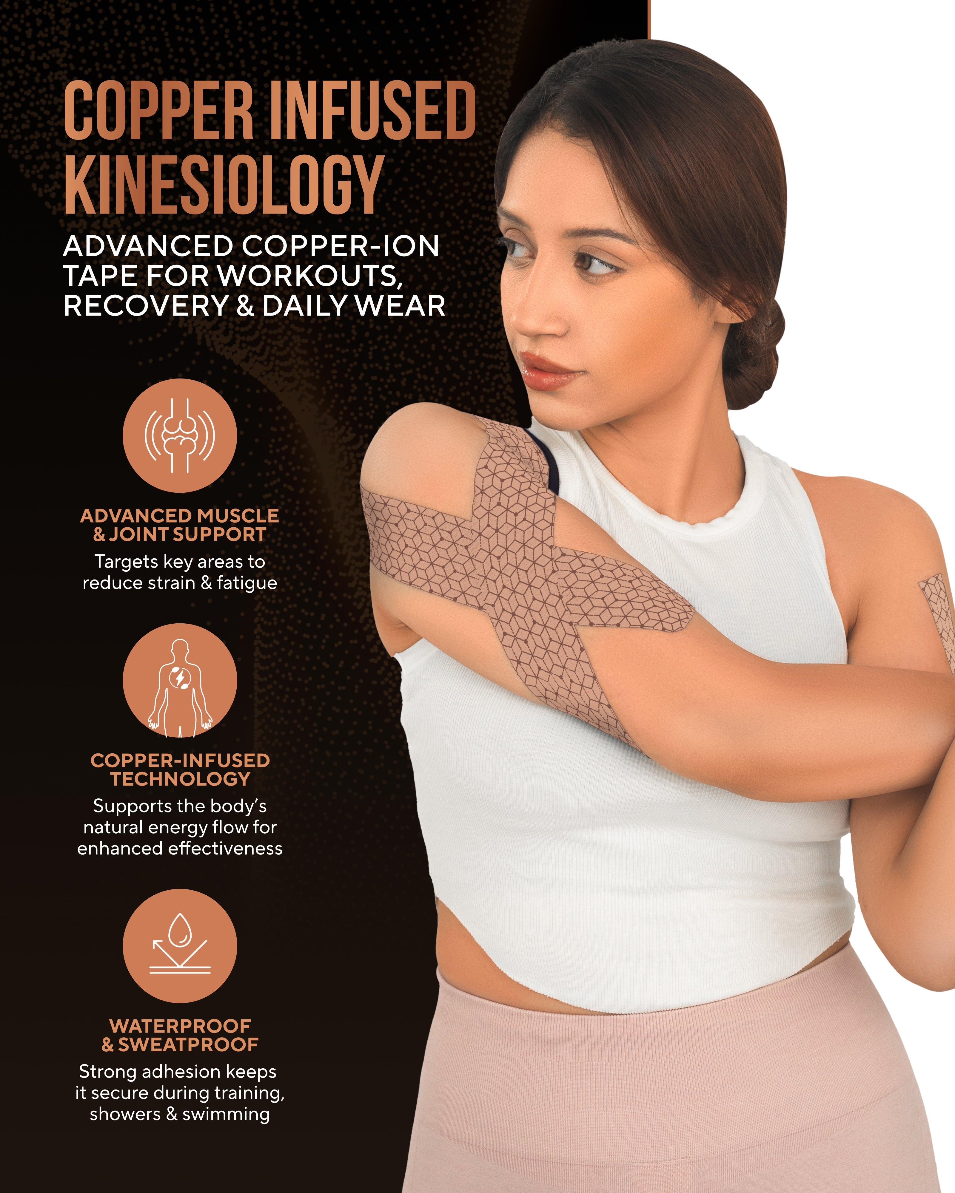 Copper Infused Kinesiology Tape (Tan) – 2 Rolls (40 Precut Strips) - Nara's Shop