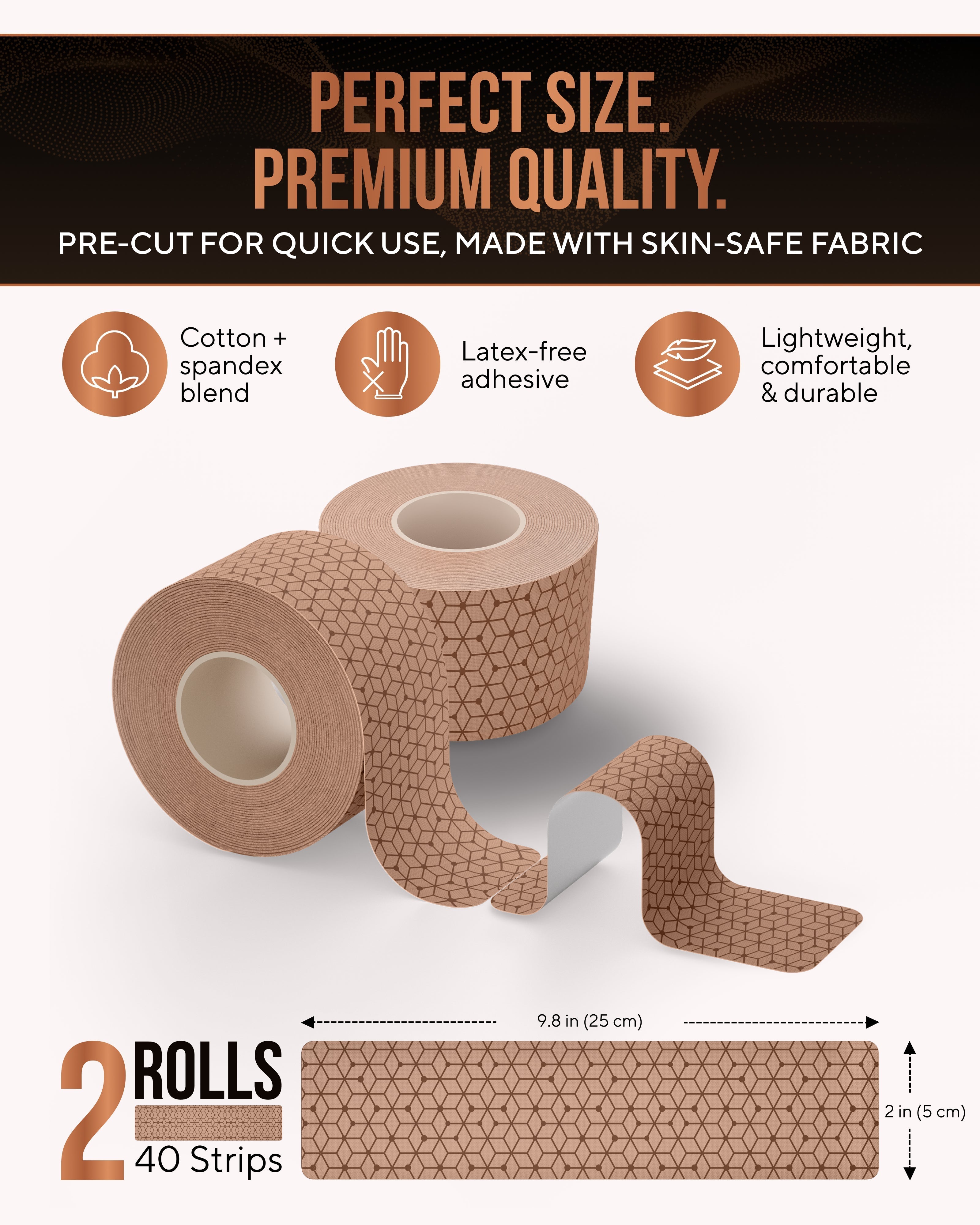 Copper Infused Kinesiology Tape (Tan) – 2 Rolls (40 Precut Strips) - Nara's Shop