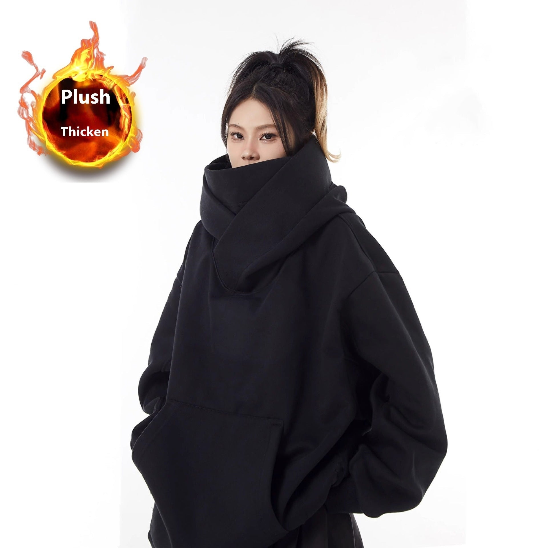 Loose High Collar Fleece Lined Hoodie - Nara's Shop
