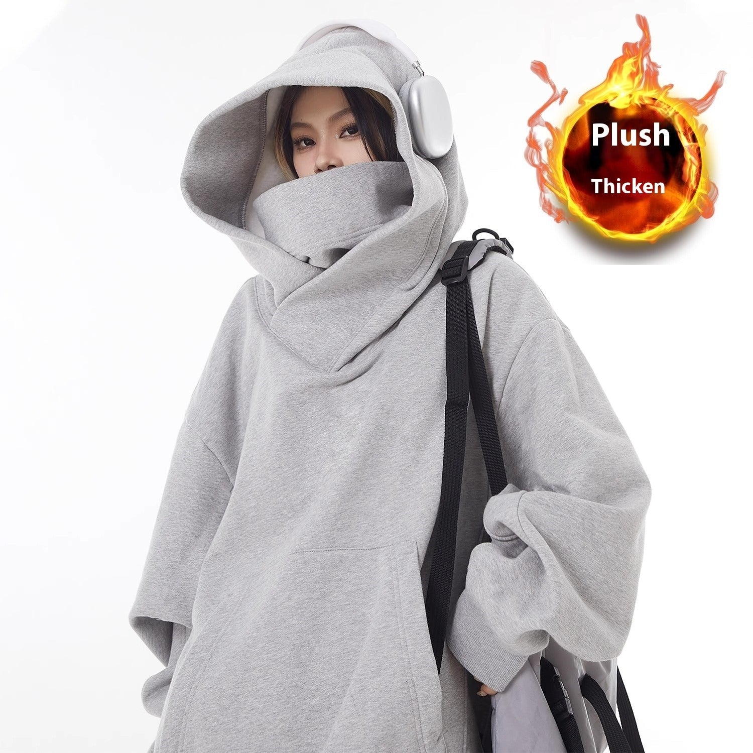 Loose High Collar Fleece Lined Hoodie - Nara's Shop