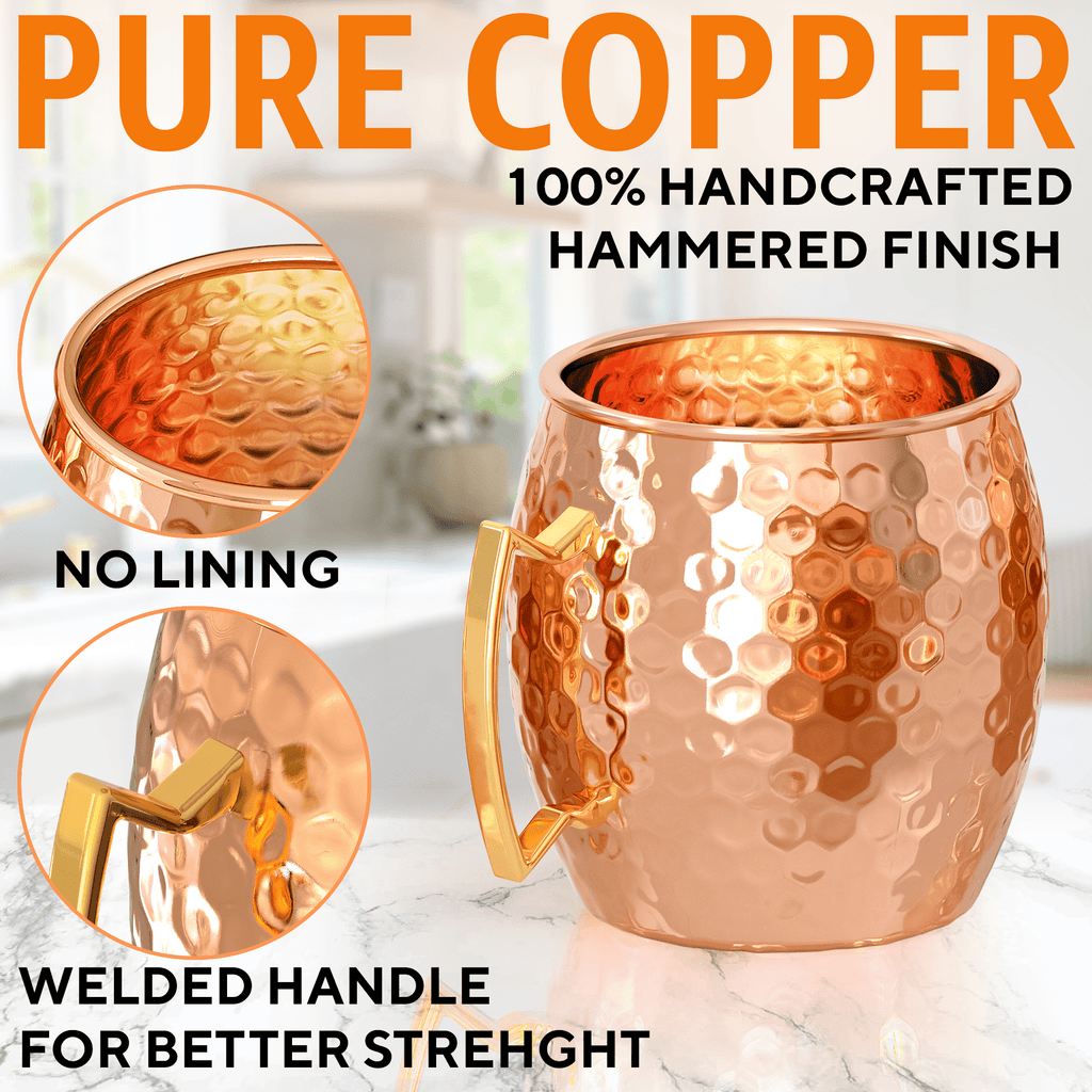 Moscow Mule Copper Mugs - Set of 2 - 100% HANDCRAFTED - Food Safe Pure Solid Copper Mugs - 16 oz Gift Set with BONUS - Highest Quality Cocktail Copper - Nara's Shop