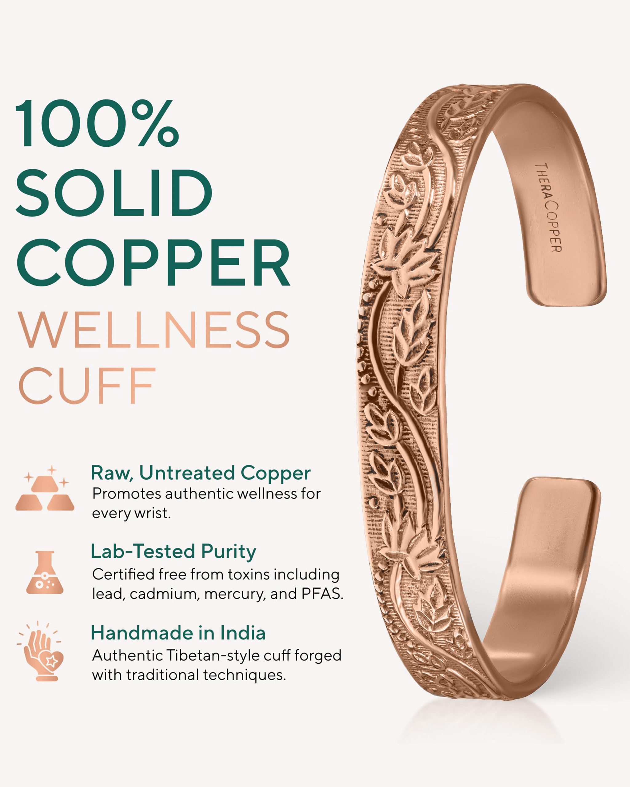 Pure Copper Cuff Bracelet for Women – Floral - Nara's Shop