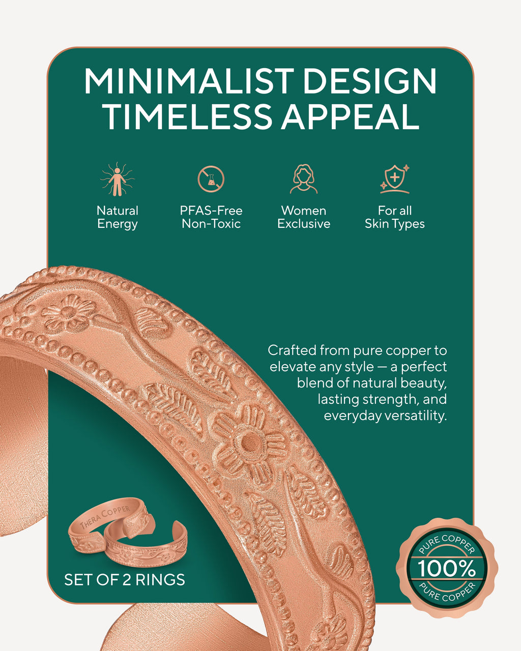 Pure Copper Rings Set – Floral (6mm) - Nara's Shop