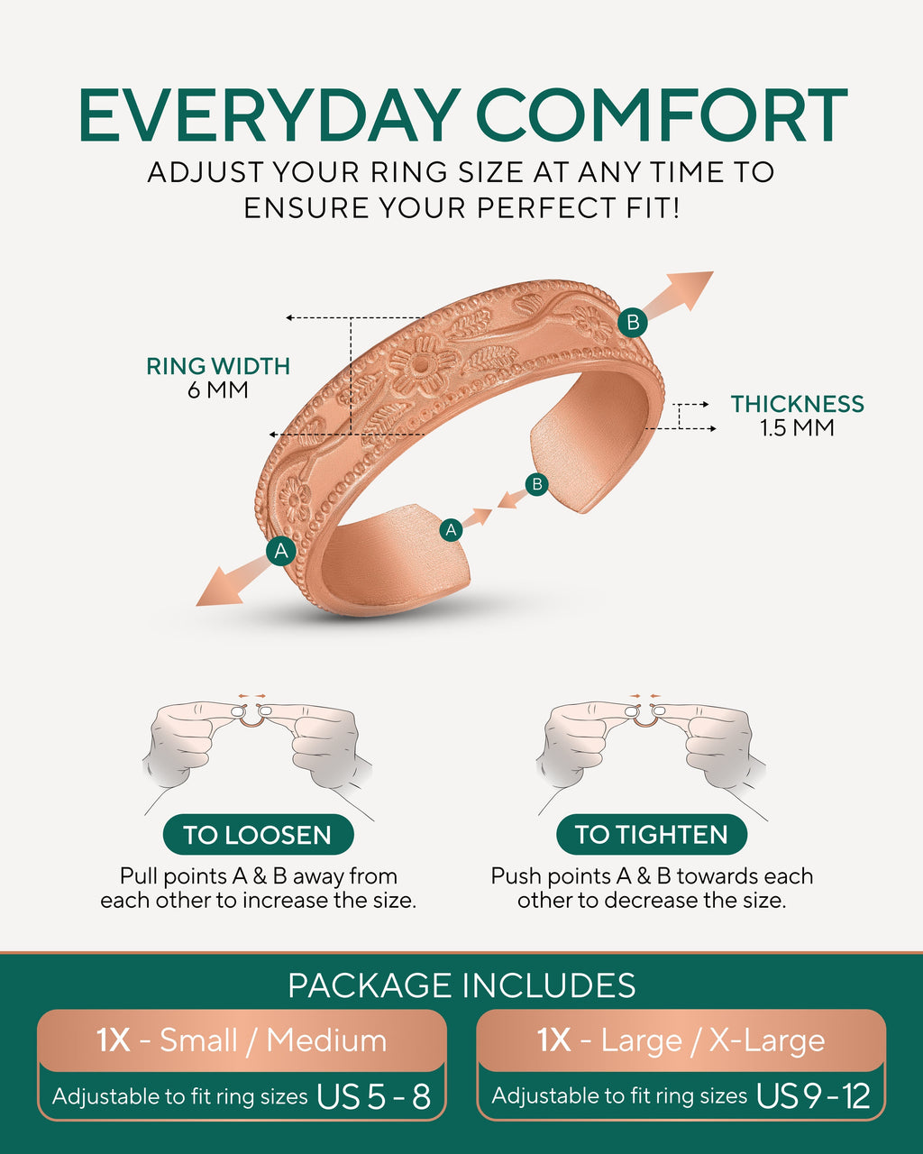 Pure Copper Rings Set – Floral (6mm) - Nara's Shop