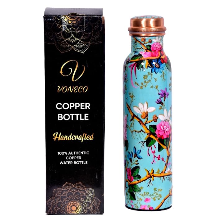 VONECO Premium Copper Water Bottle - 34OZ/1000ML Handcrafted Enamel Blue Design Leak-Proof Copper Bottle Ayurvedic Pure Copper Water Bottle for Drinking Stylish Hydration Solution Hand Washable - Nara's Shop
